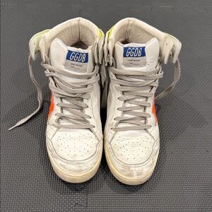 Golden Goose White High-Top Sneakers with Orange Star and Neon Yellow Trim